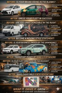 Car wrap advertising in UAE showing branded van and truck with vehicle graphics and vinyl decals by Al Nafees Advertising