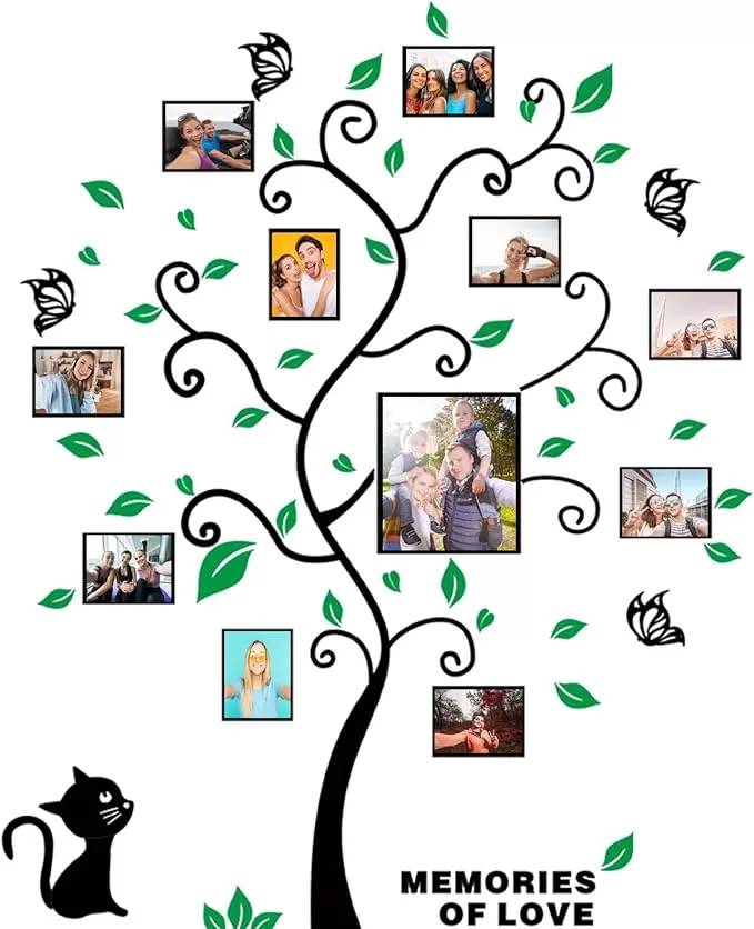 3D Acrylic Tree Wall Stickers, Photo Frames Family Tree Acrylic Wall Decoration With Green Leaves