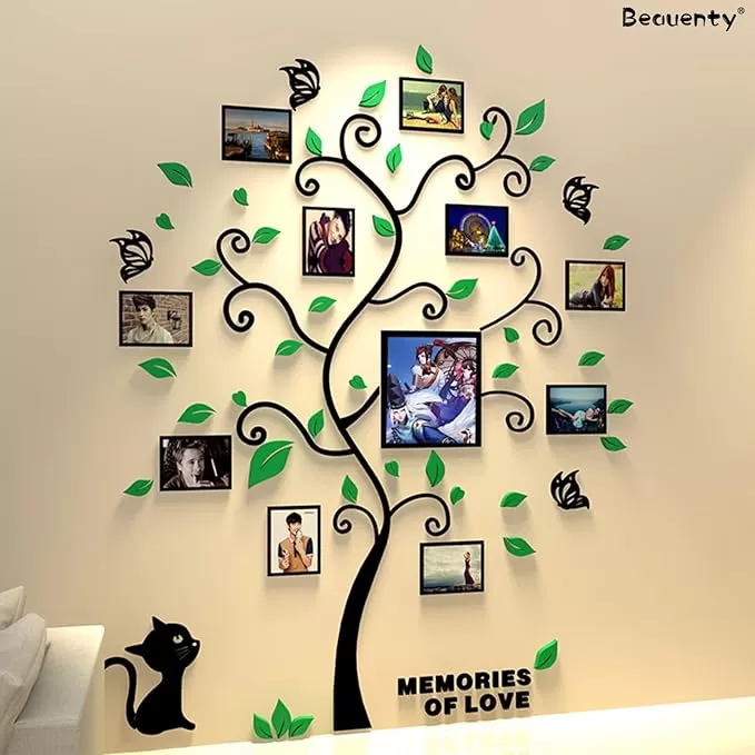 3D Acrylic Tree Wall Stickers, Photo Frames Family Tree Acrylic Wall Decoration With Green Leaves