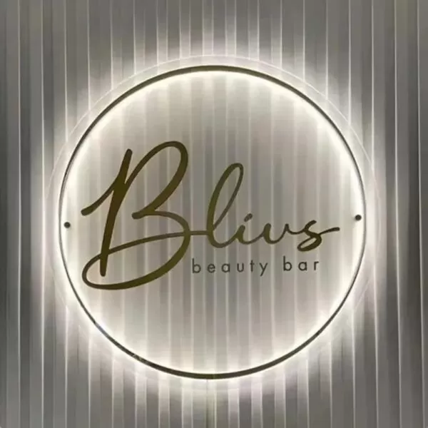 Transparent Acrylic Sign With Gold Mirror Acrylic 2D Letters Back Neon Glow With Spacer