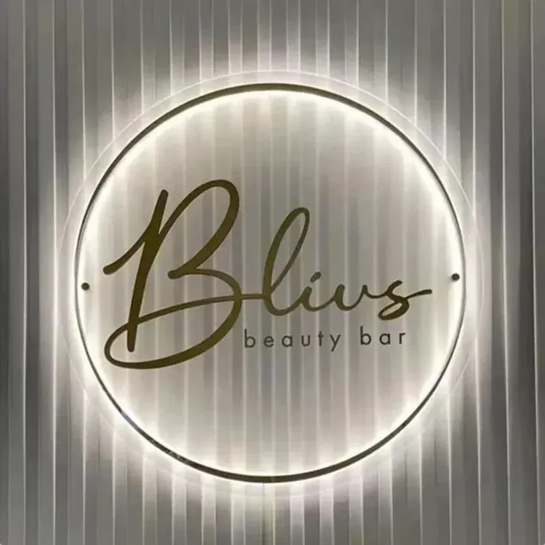 Transparent Acrylic Sign With Gold Mirror Acrylic 2D Letters Back Neon Glow With Spacer